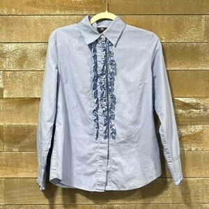 Bogner blue & white 100% cotton button down  ruffle blouse size 38/Medium